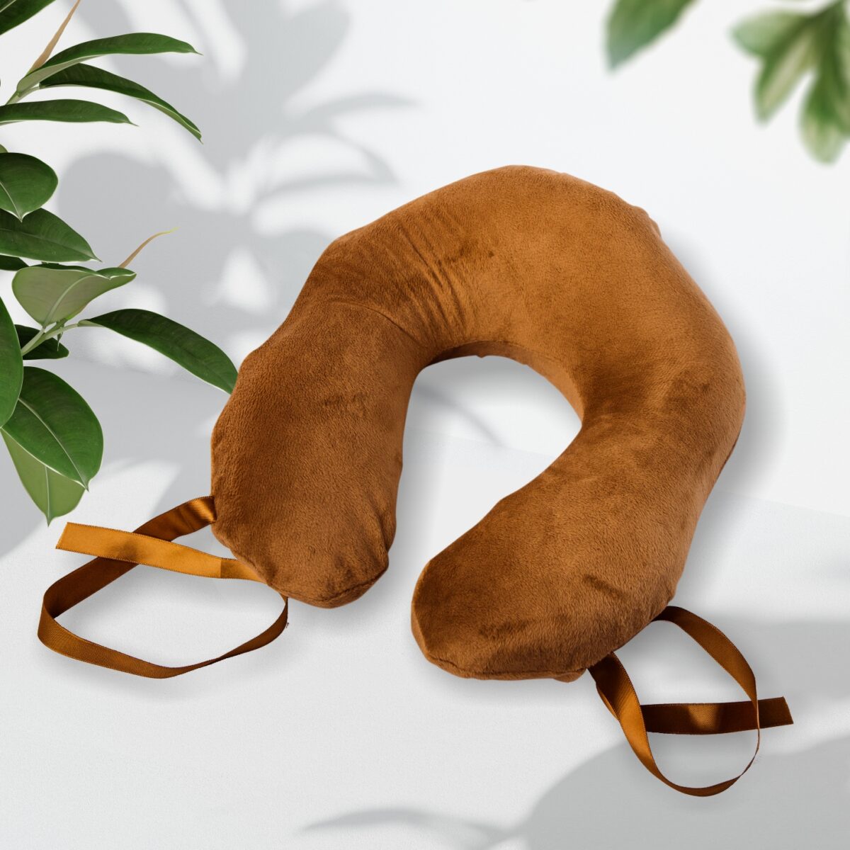 Head Support Ergonomic Travel Pillow Brown with satin ribbons