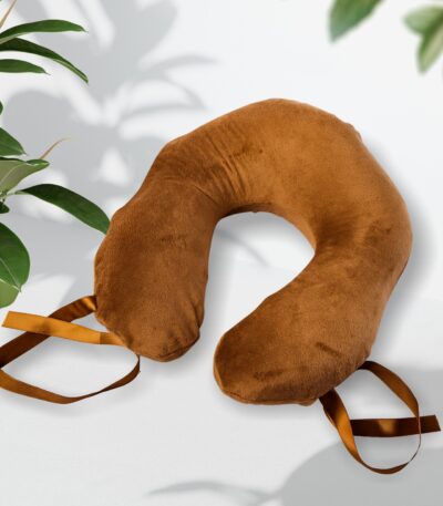 Head Support Ergonomic Travel Pillow Brown with satin ribbons