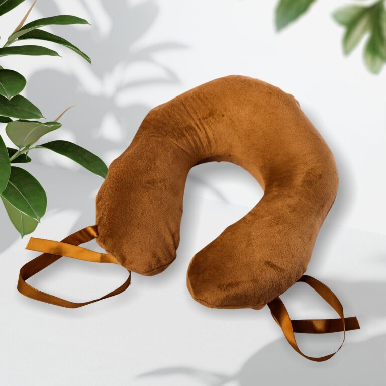 Head Support Ergonomic Travel Pillow Brown with satin ribbons